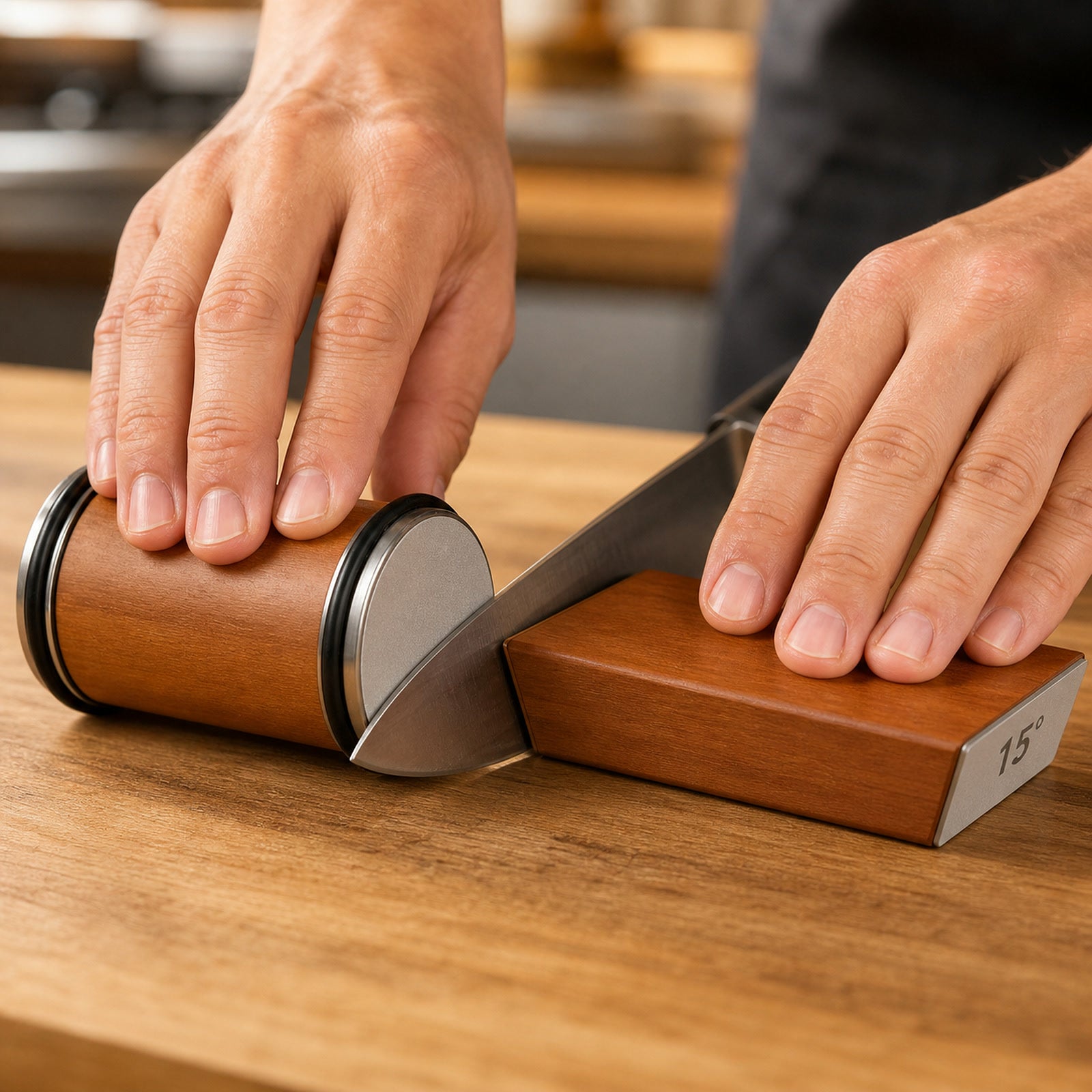 Sharpening a chef's knife with the Keldley roller and angle block