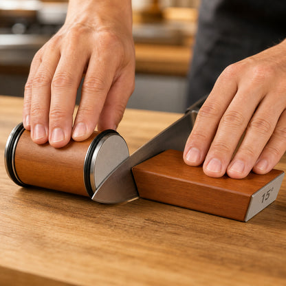 Sharpening a chef's knife with the Keldley roller and angle block