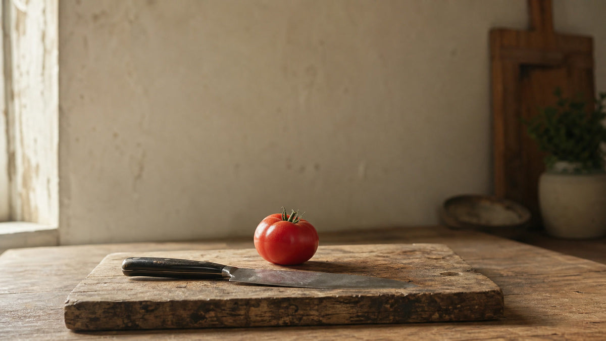 A well-used chef's knife beside a ripe tomato on a wooden board in a warm kitchen