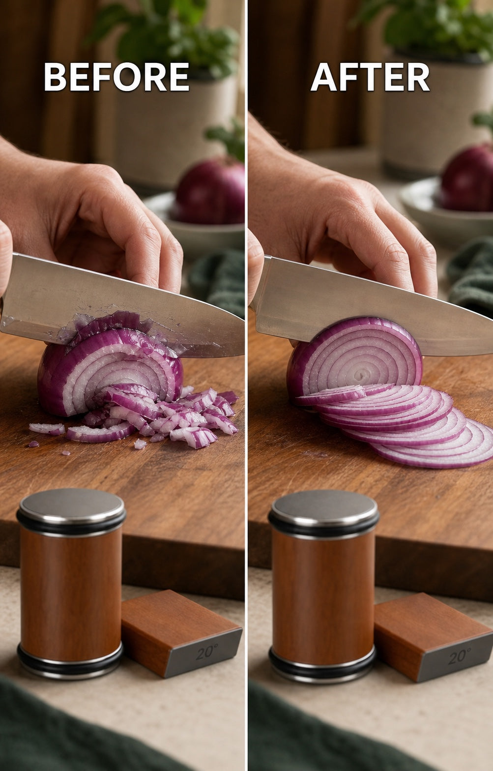 Illustrative split comparison of a dull and sharp knife cutting an onion