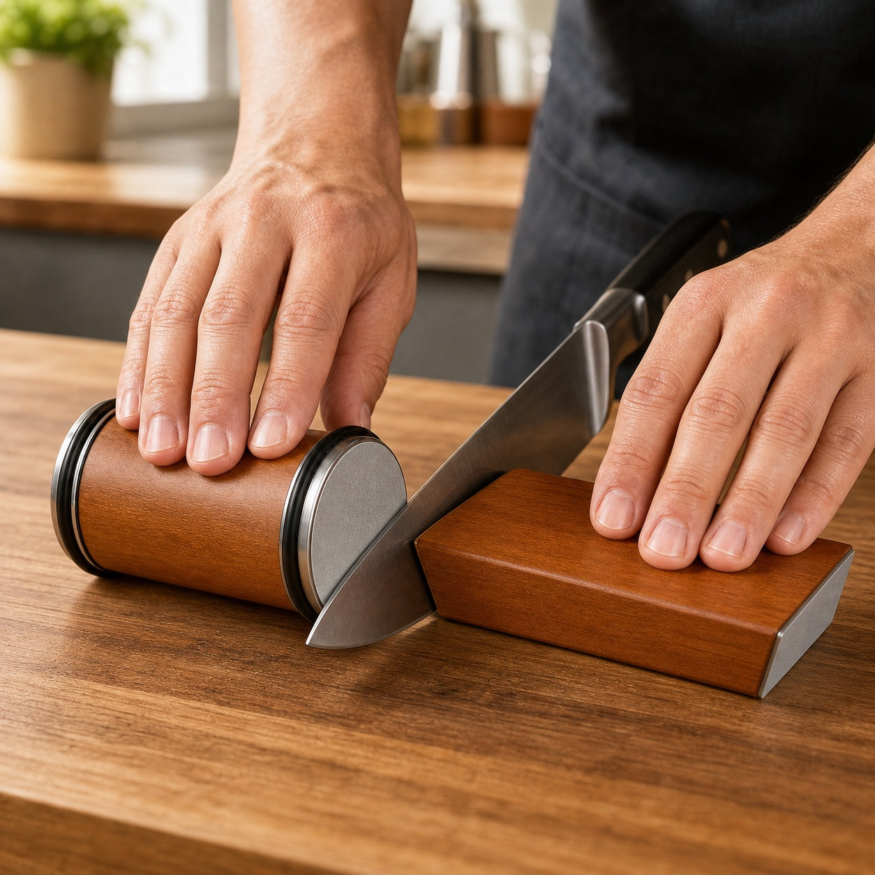 Keldley rolling knife sharpener used correctly on a chef knife at a fixed angle