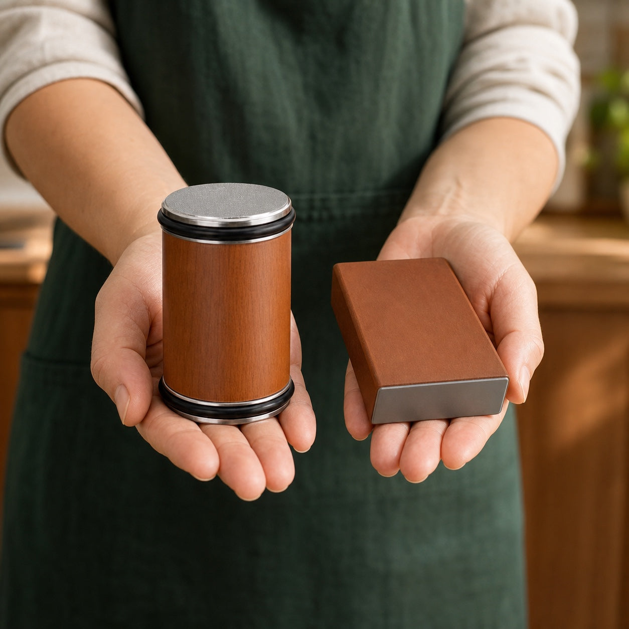 Keldley rolling sharpener and magnetic angle block held in both hands for scale