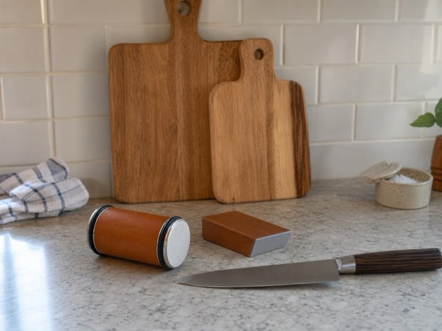 The Keldley roller and angle block on a kitchen counter in front of wooden cutting boards